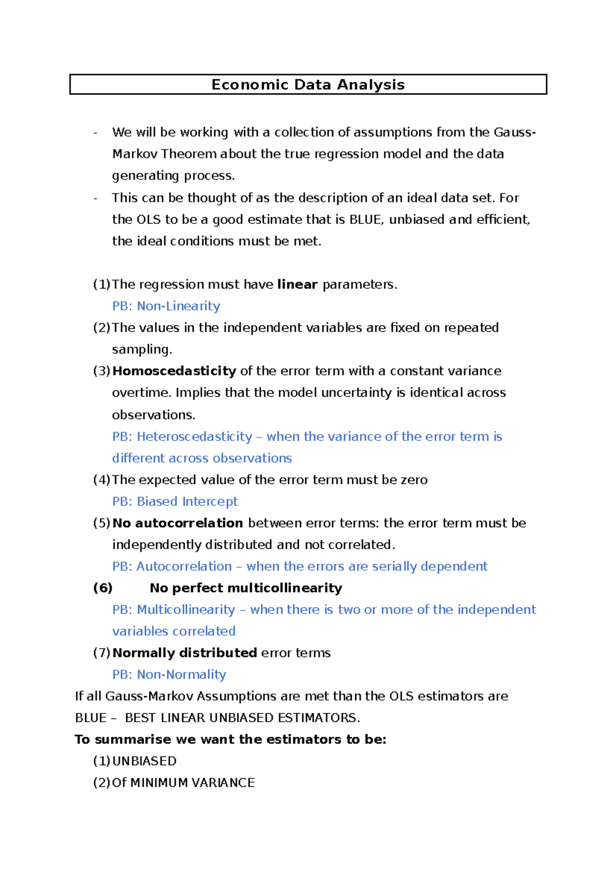 Economic Data Analysis Exam Notes - Economic Data Analysis - We will be ...