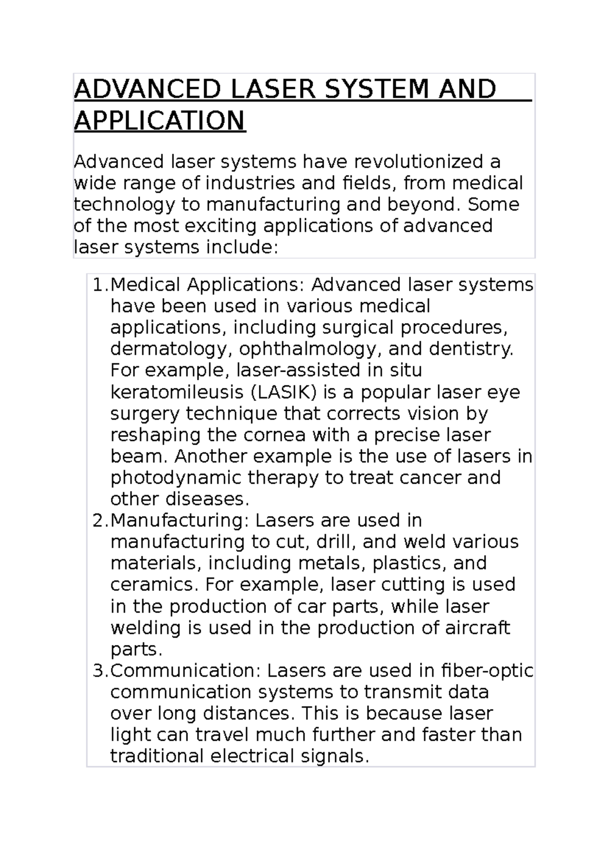 Advanced laser system and application - ADVANCED LASER SYSTEM AND ...