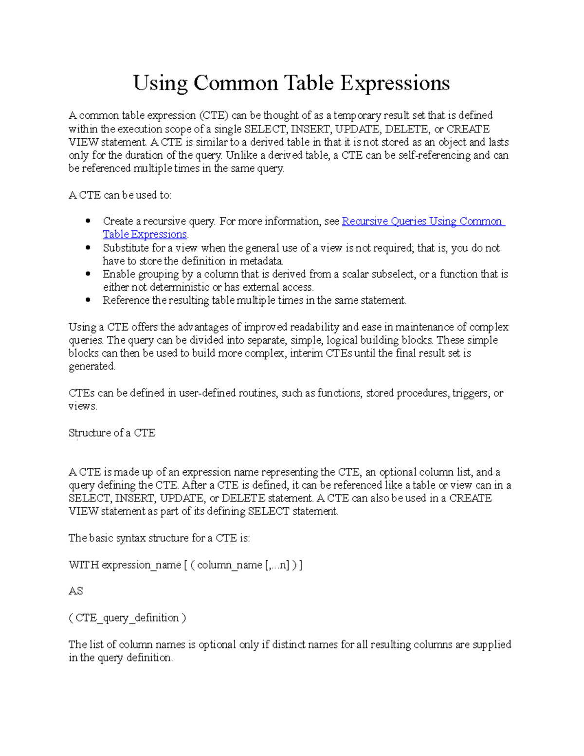 Sqlserver Important Terms - Using Common Table Expressions A common ...
