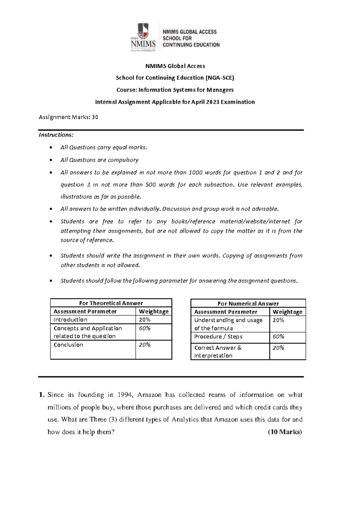 Information System for Managers - Assignment April 2023 a58w18x Uhp ...