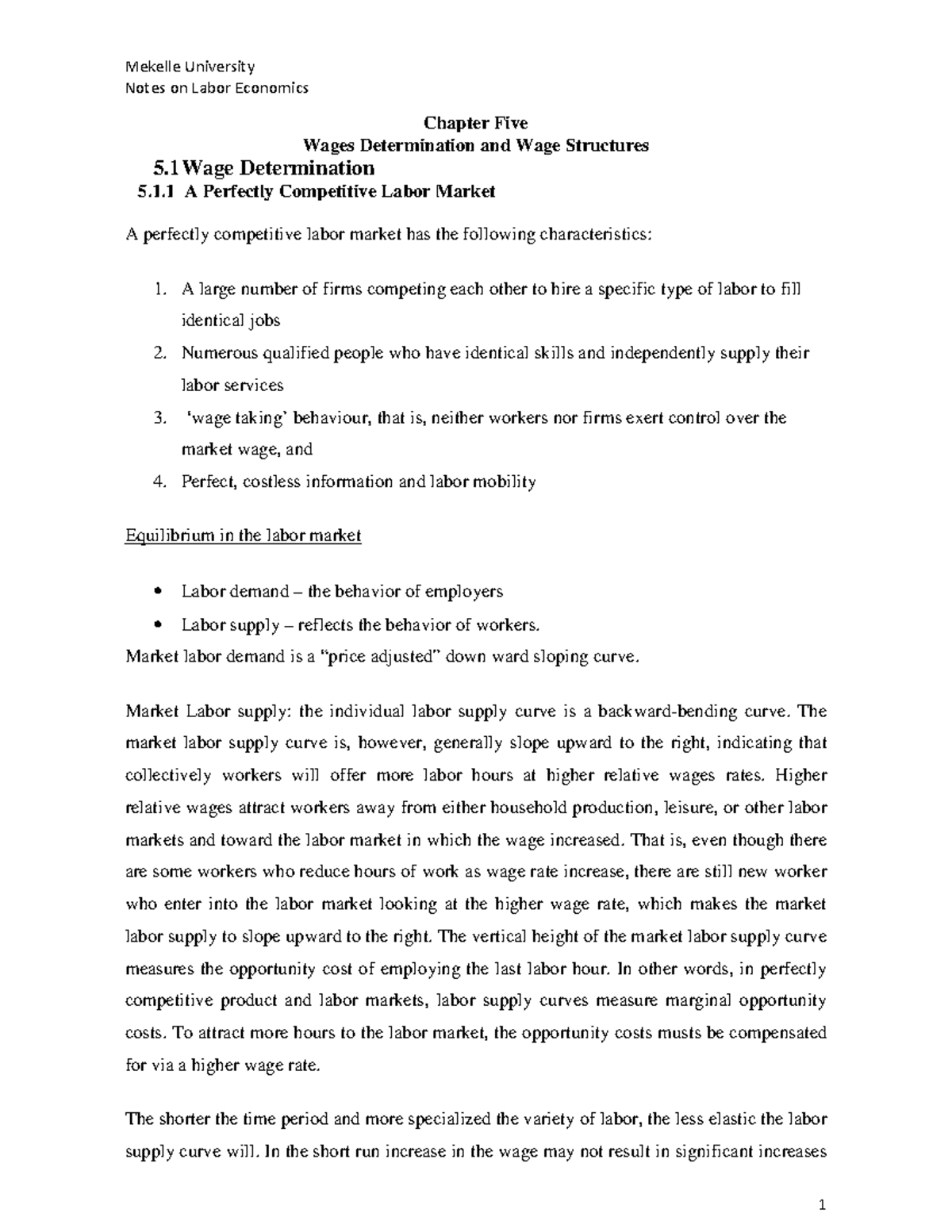 Chapter 5 wage determination - Notes on Labor Economics Chapter Five ...