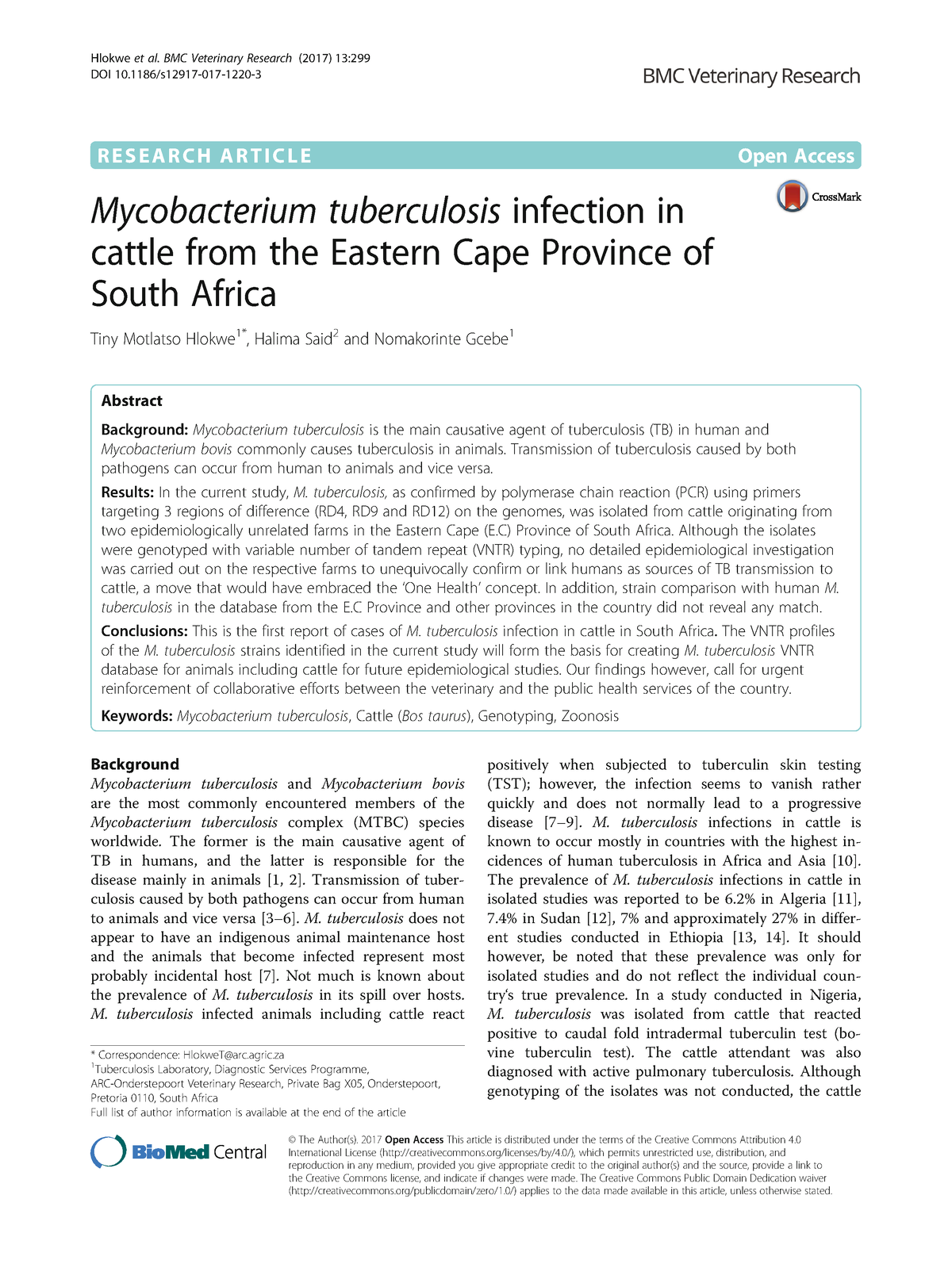 2Mycobacterium tuberculosis infection in cattle from the Eastern Cape ...