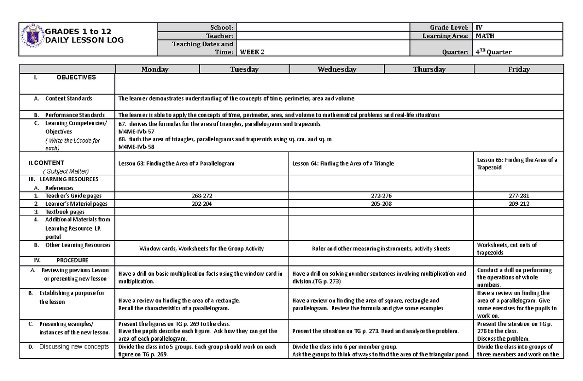 Grade 4 DLL MATH 4 Q4 Week 2 course work - Study and Thinking Skills in ...