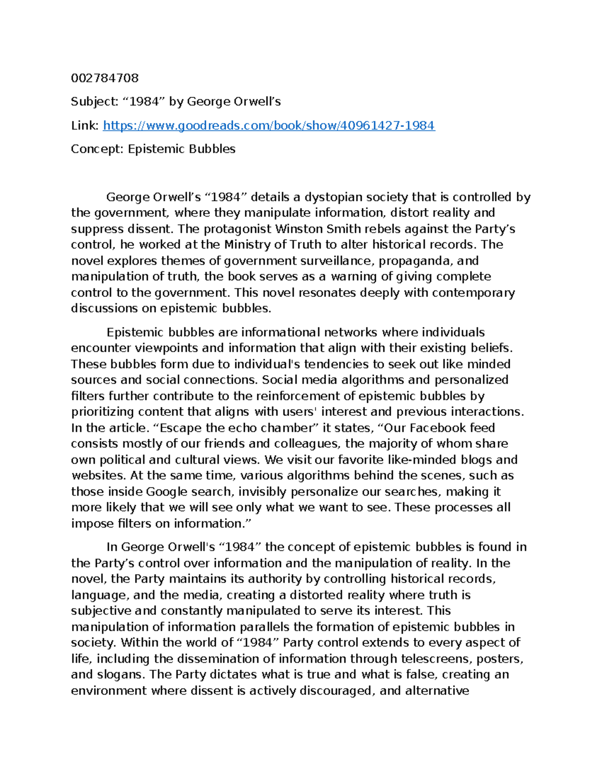 Media Portfolio - 002784708 Subject: “1984” by George Orwell’s Link ...