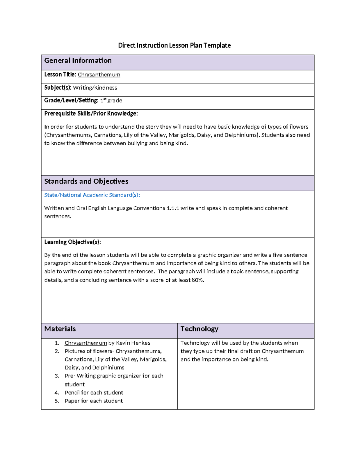 Lesson plan on Chrysanthemum - Direct Instruction Lesson Plan Template ...