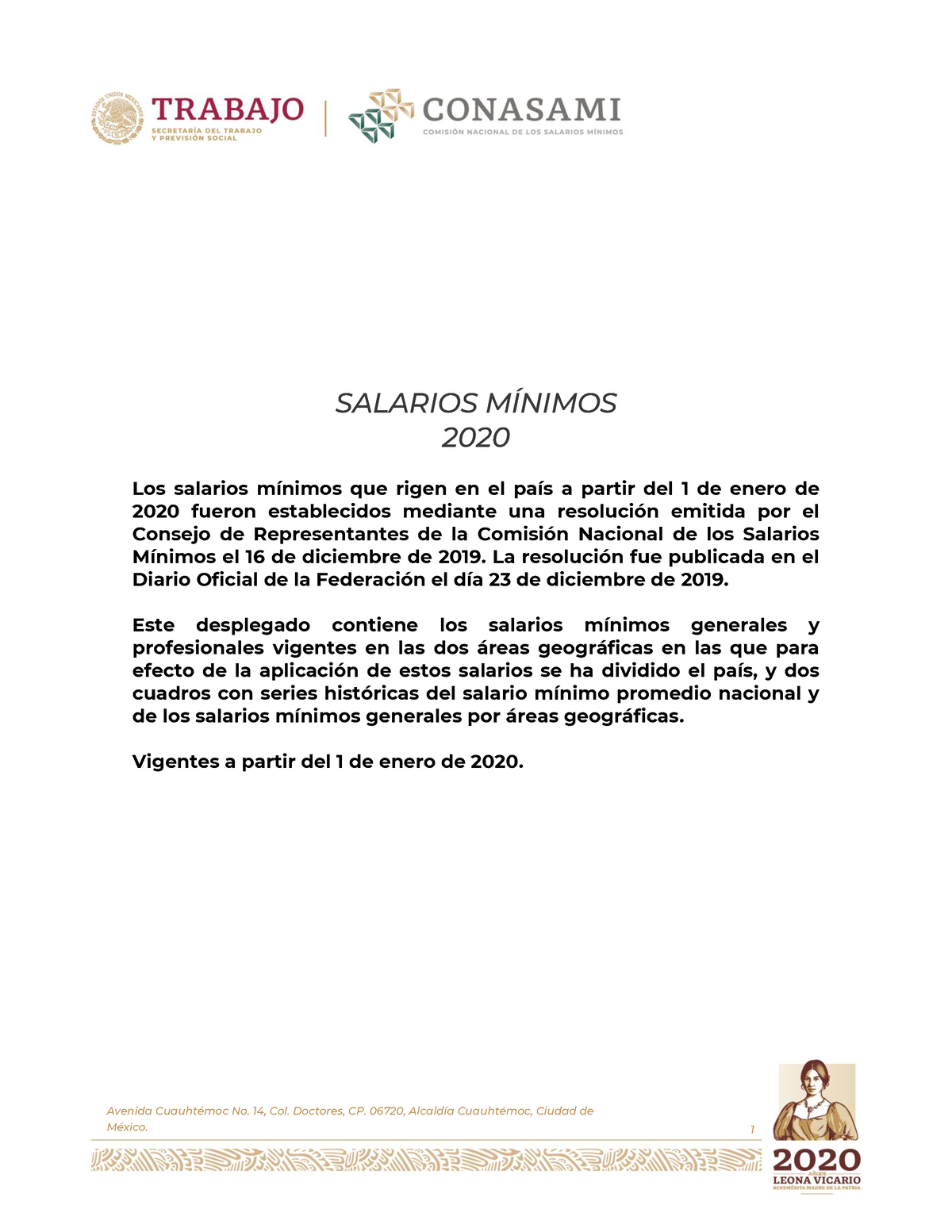 Tabla De Salarios M Nmos Vigentes Apartir Del 01 De Enero De 2020 - 1 ...