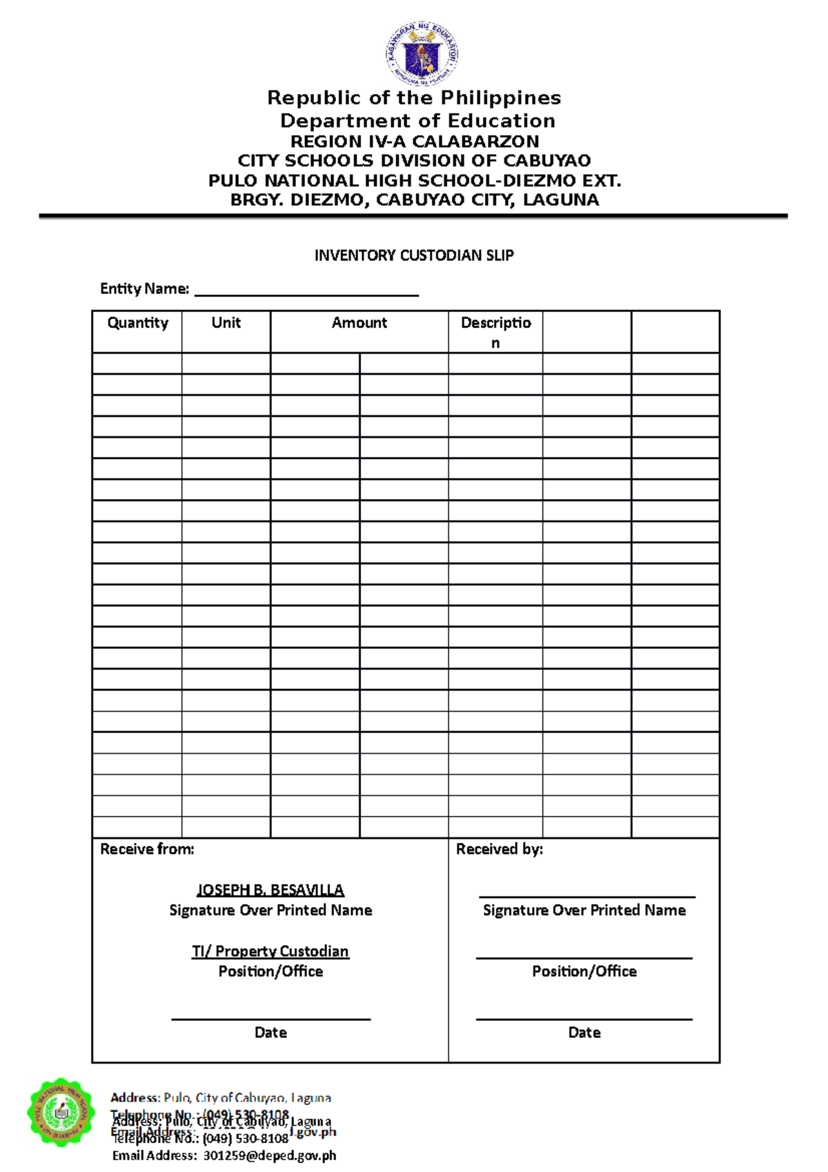 Inventory Custodian SLIP - Republic of the Philippines Department of ...