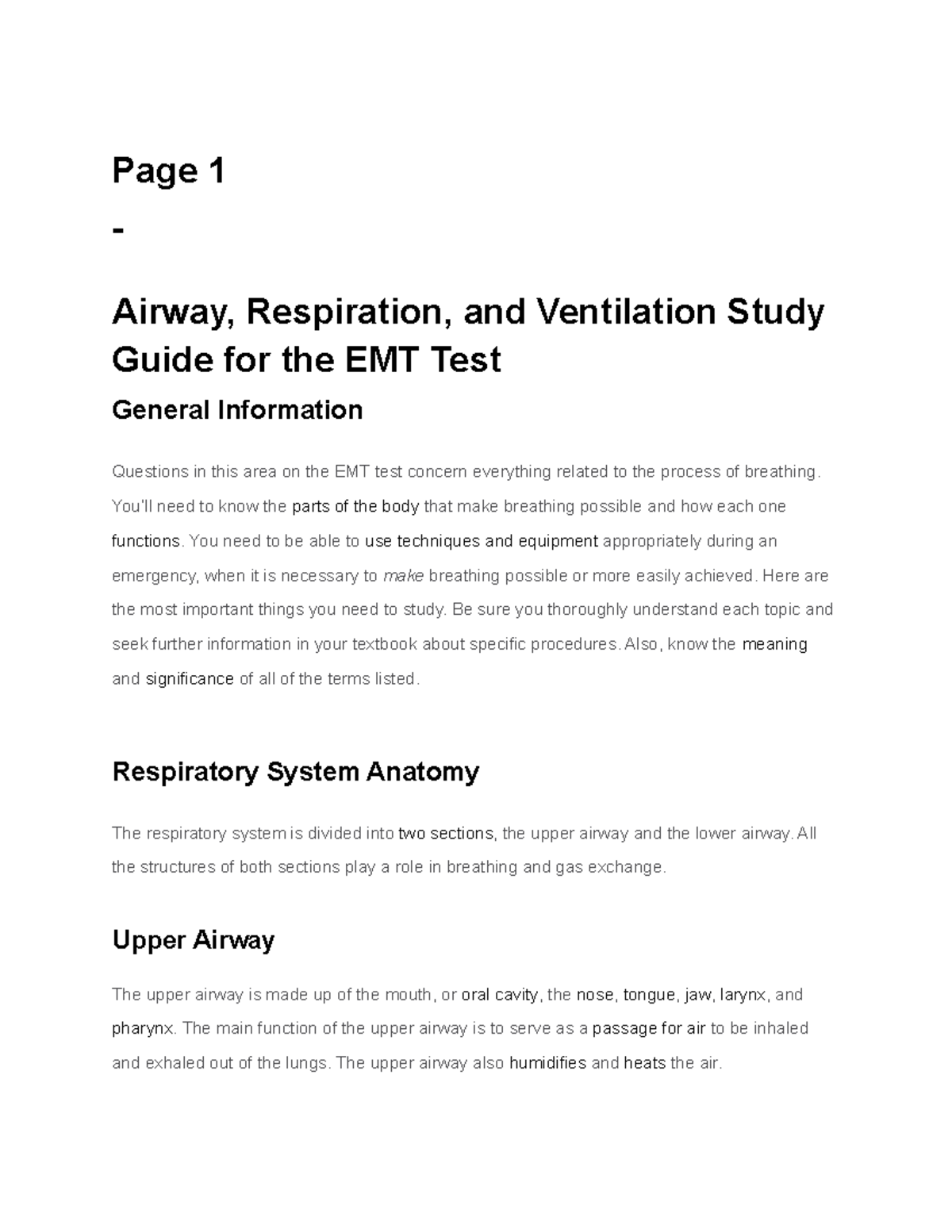 Respiratory, Ventilation, Oxygenation Study Guide - Page 1 - Airway ...