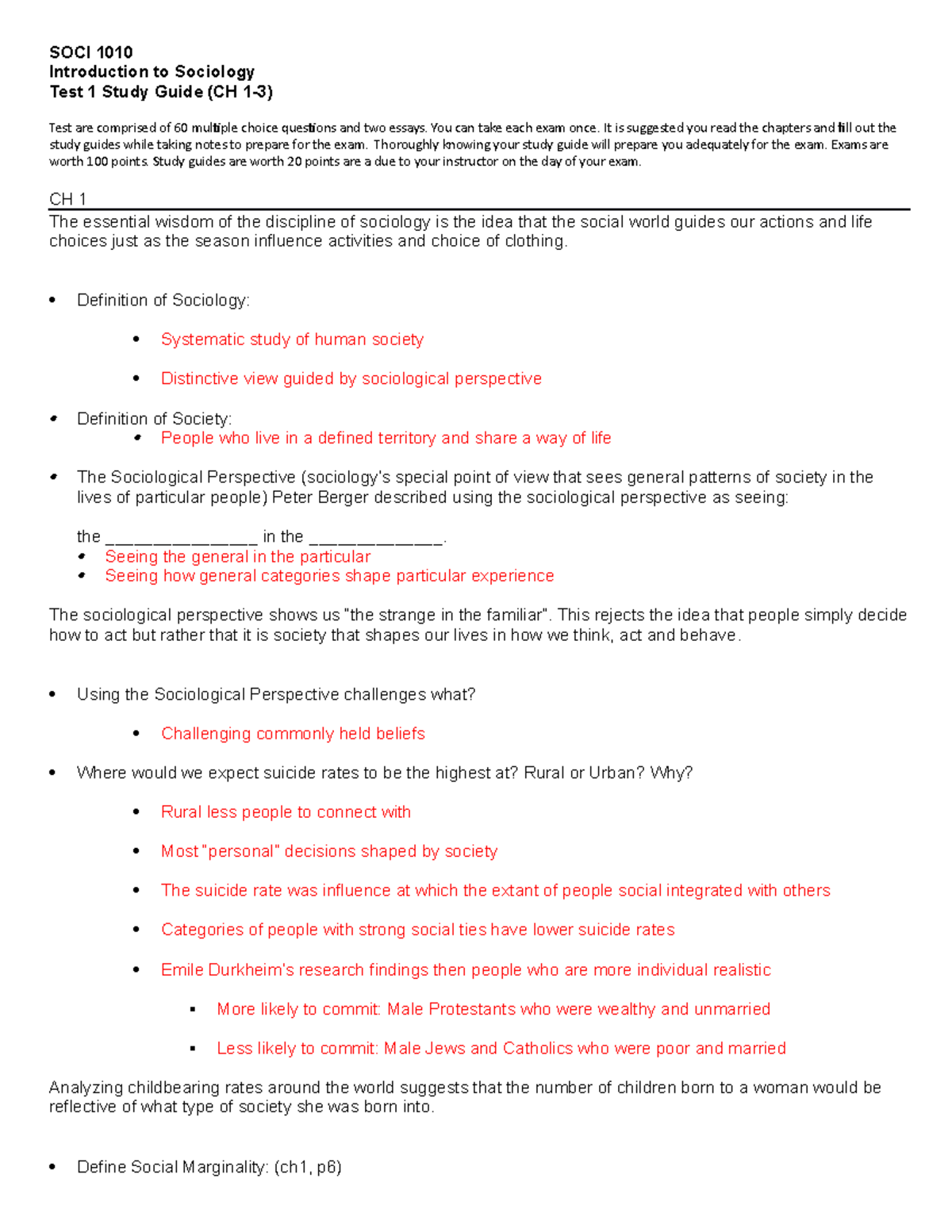 Test 1 Study Guide - SOCI 1010 Introduction To Sociology Test 1 Study ...