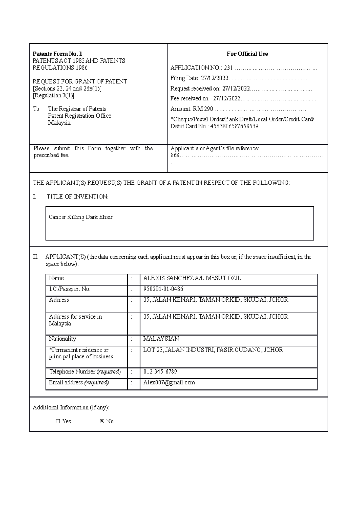 Form 1 - patent application - Patents Form No. 1 PATENTS ACT 1983 AND ...