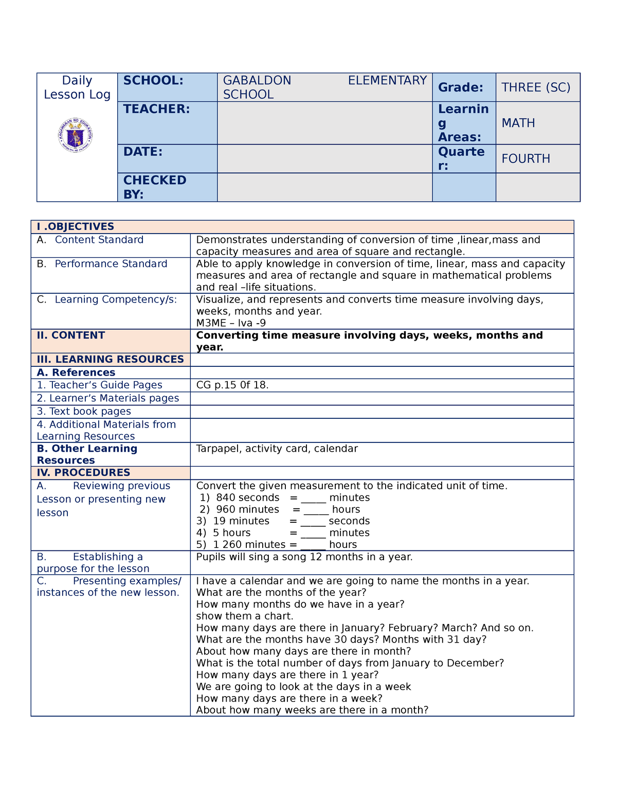 Grade 3 Cot Math Q4 Quarter 4 Math Cot Detailed Lesson Plan Melc Based Daily Lesson Log 9376