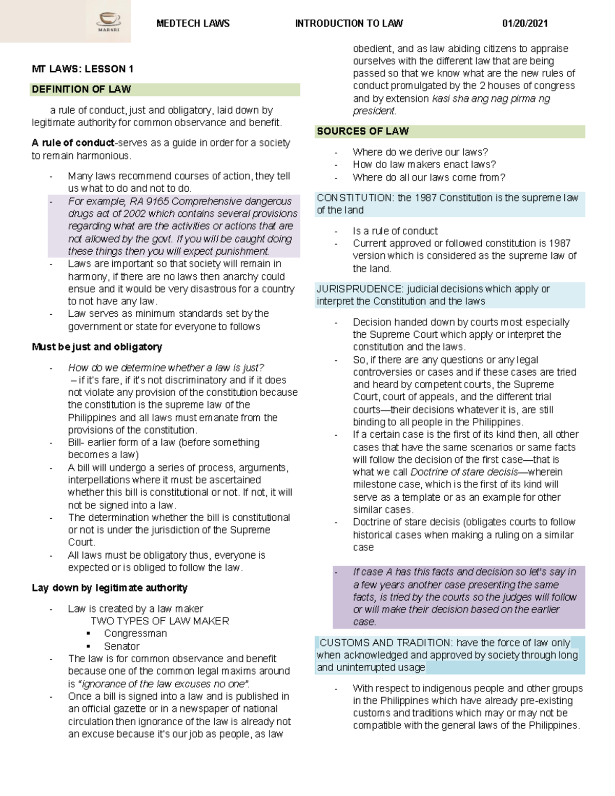 MT LAWS Sample EXAM - MEDTECH LAWS INTRODUCTION TO LAW 01/20/ MT LAWS ...