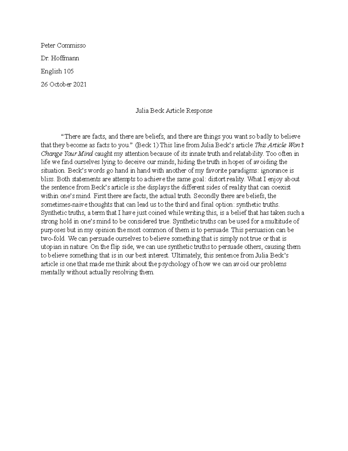 Julia Beck Response - Peter Commisso Dr. Hoffmann English 105 26 ...