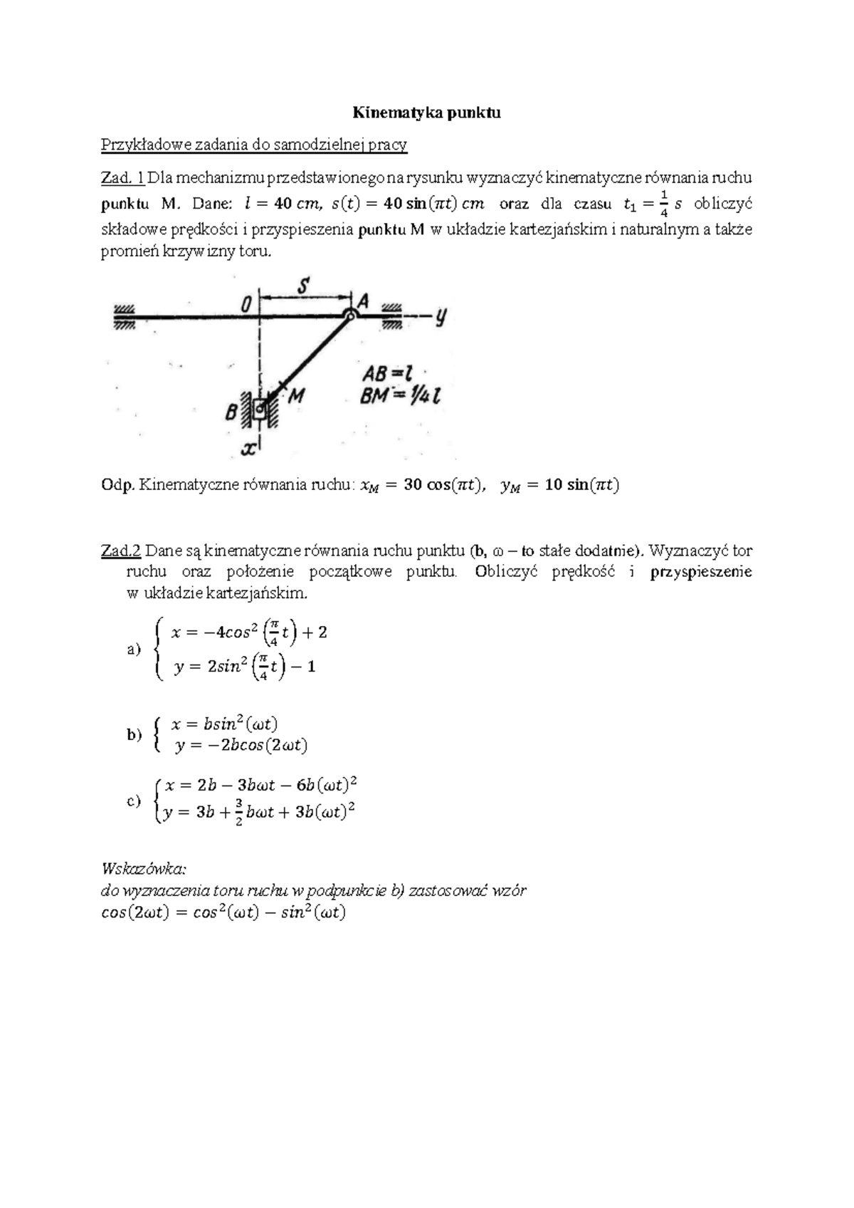 ćw7 Kinpkt Przykładowe Zadania Do Samodzielnej Pracy - Kinematyka ...