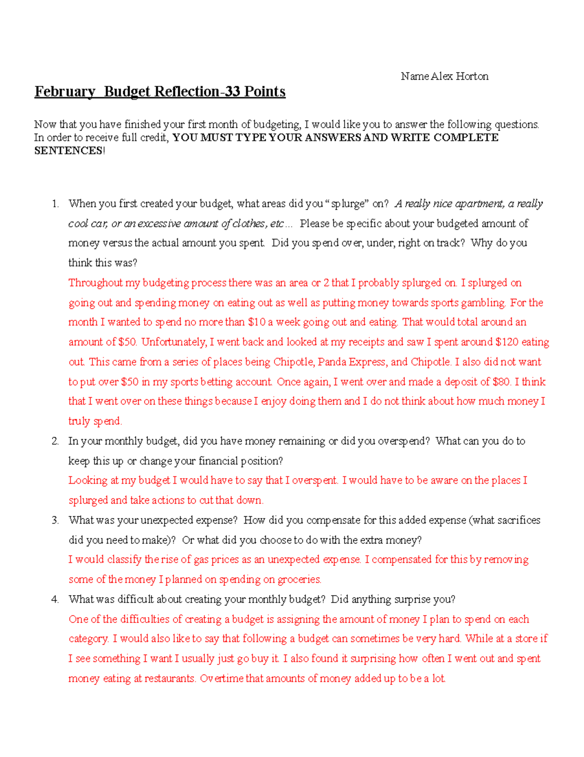 Feb 2022 Budget Reflection - Name Alex Horton February Budget ...