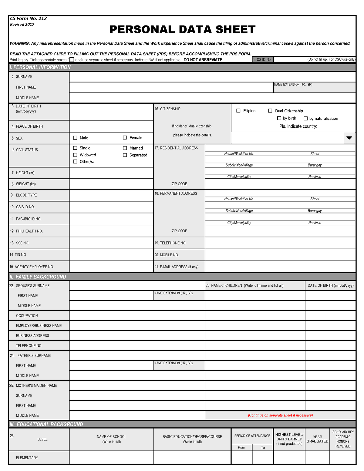 032117 Cs Form No. 212 Revised Personal Data Sheet New - Print Legibly. Tick Appropriate Boxes ...