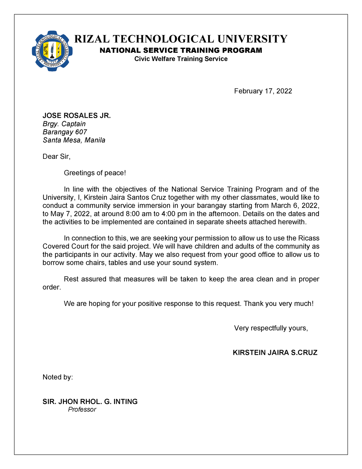 Letter To Barangay NSTP CWTS 2nd Year RIZAL TECHNOLOGICAL 