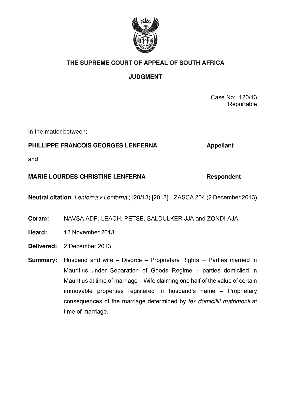 Lenferna v Lenferna Proprietary consequences of marriage in Mauritius ...