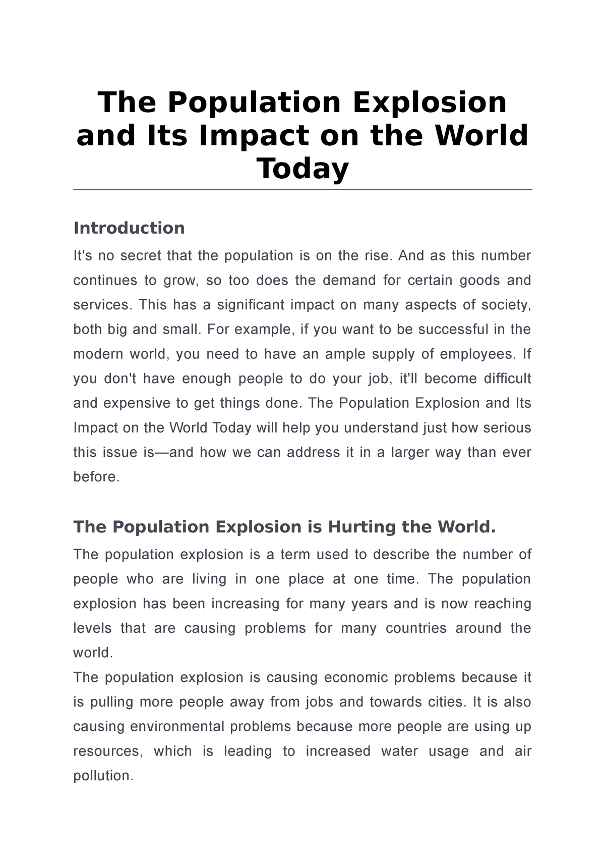 essay on population explosion and its effects