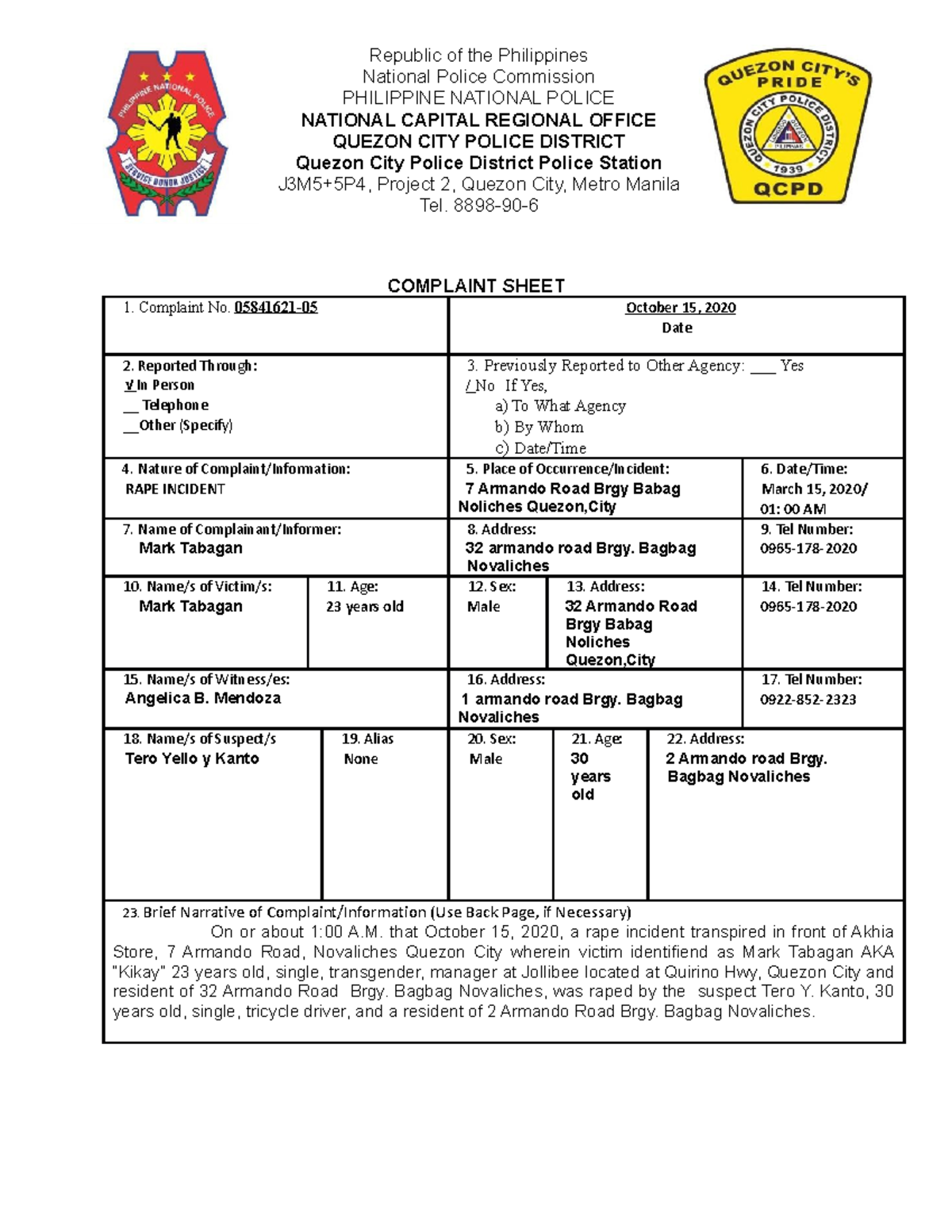 Complaint Sheet - crim - Republic of the Philippines National Police ...