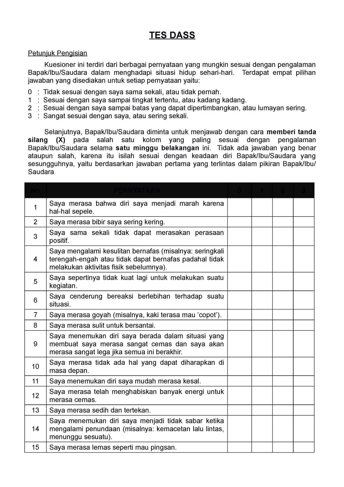 DASS42 Bahasa Indonesia Damanik - TES DASS Petunjuk Pengisian Kuesioner ...