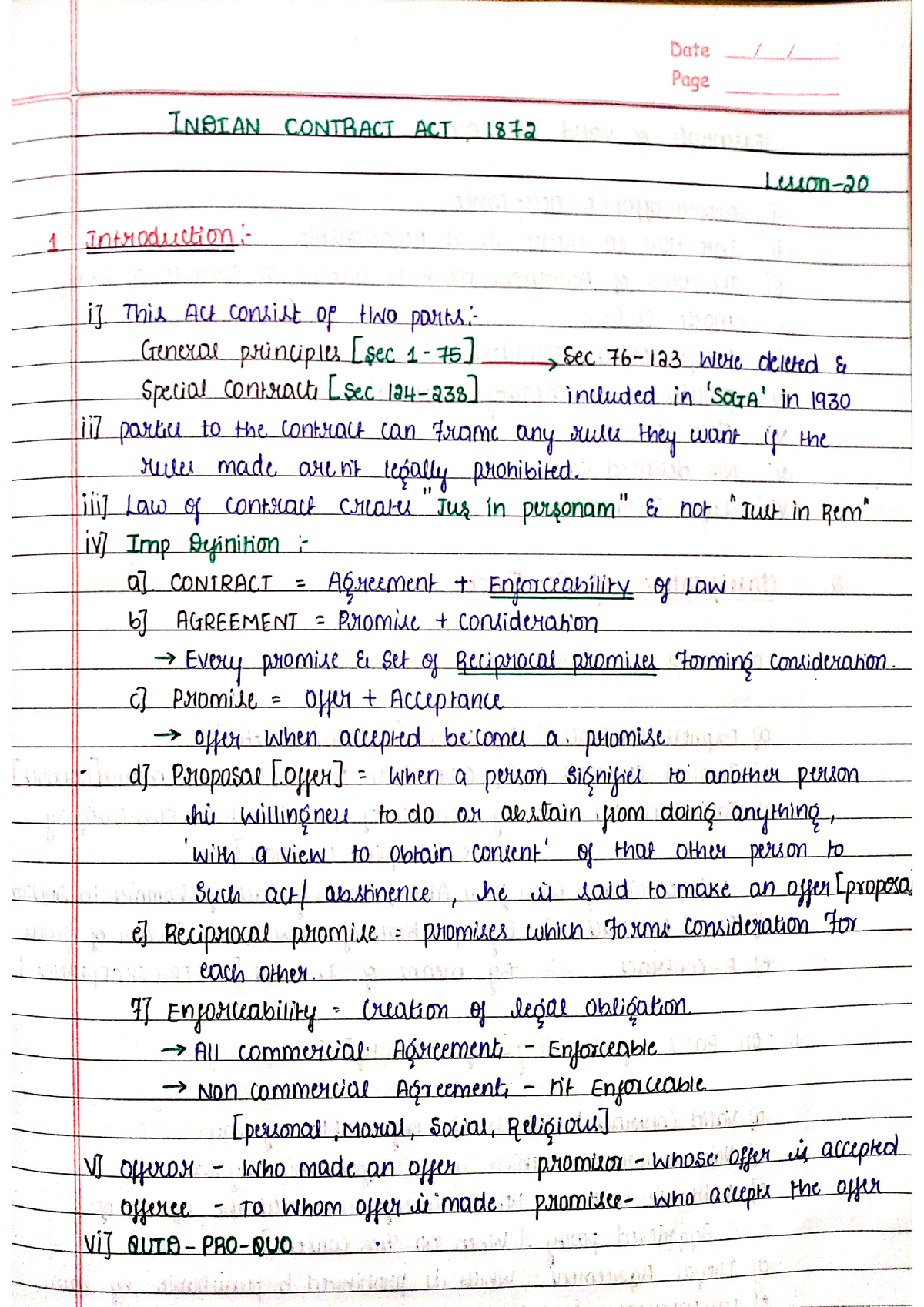 Indian Contract Act 1872 EBCL CS Executive Hand Written Notes ...