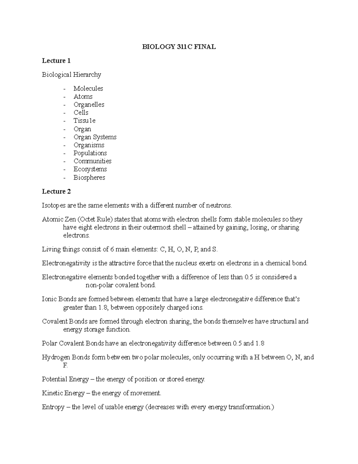 Biology 311C Final - BIOLOGY 311C FINAL Lecture 1 Biological Hierarchy ...