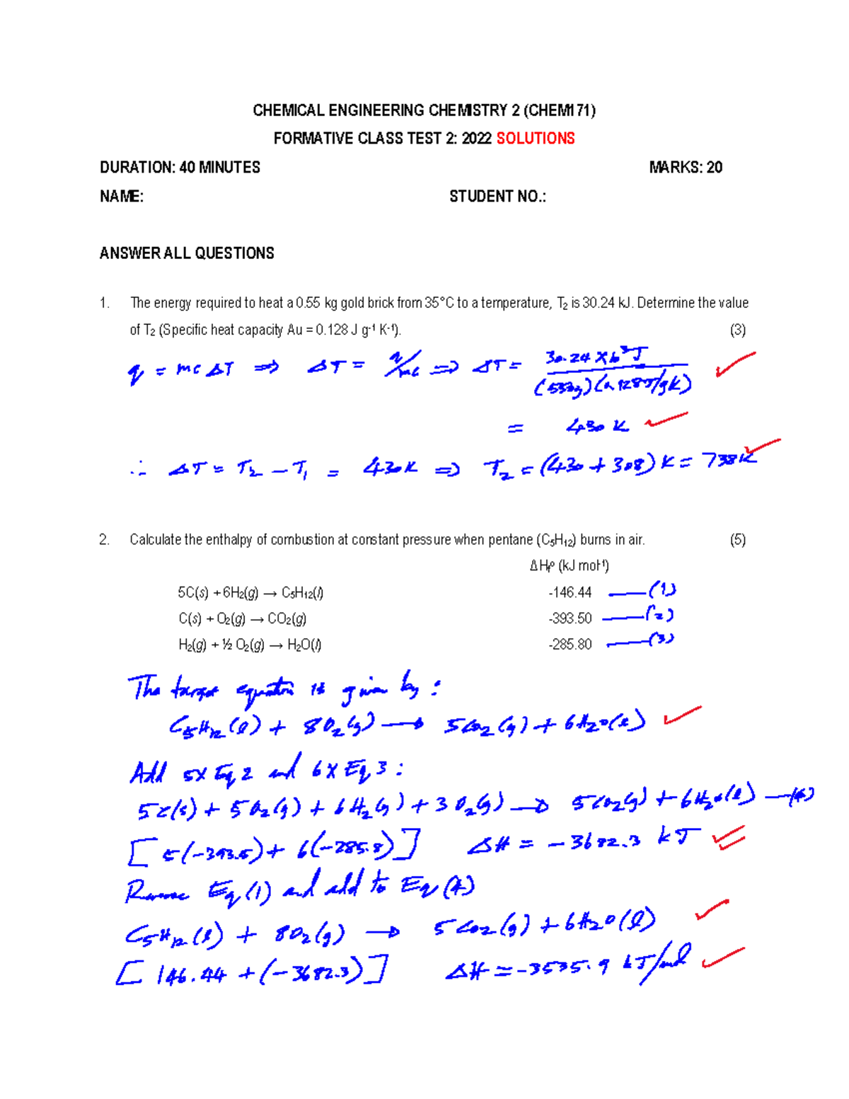 Test 4 Solutions - CHEMICAL ENGINEERING CHEMISTRY 2 (CHEM171) FORMATIVE ...