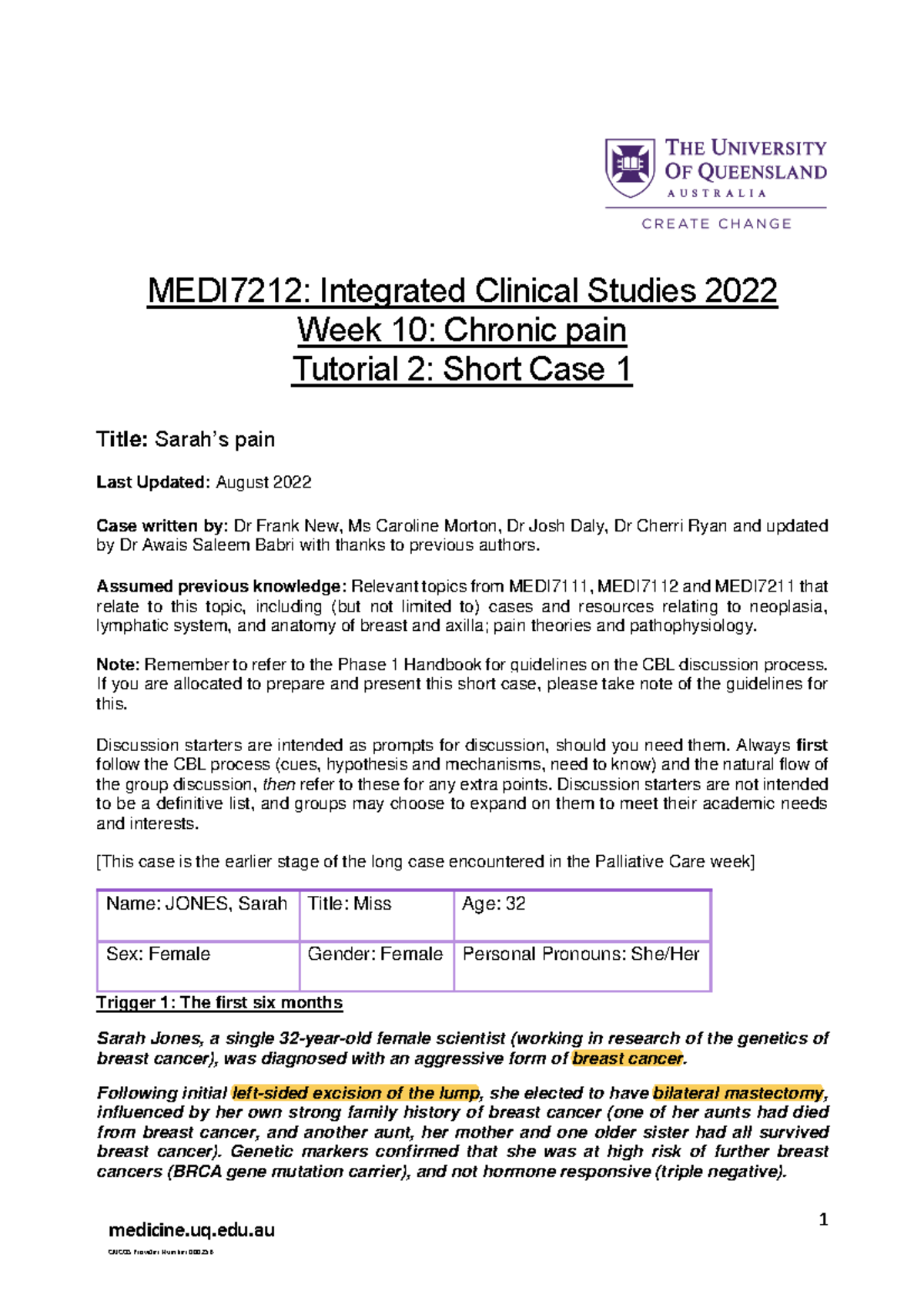 MEDI7212 2022 Wk 10 SC1 Tut2 - 1 medicine.uq.edu CRICOS Provider Number ...