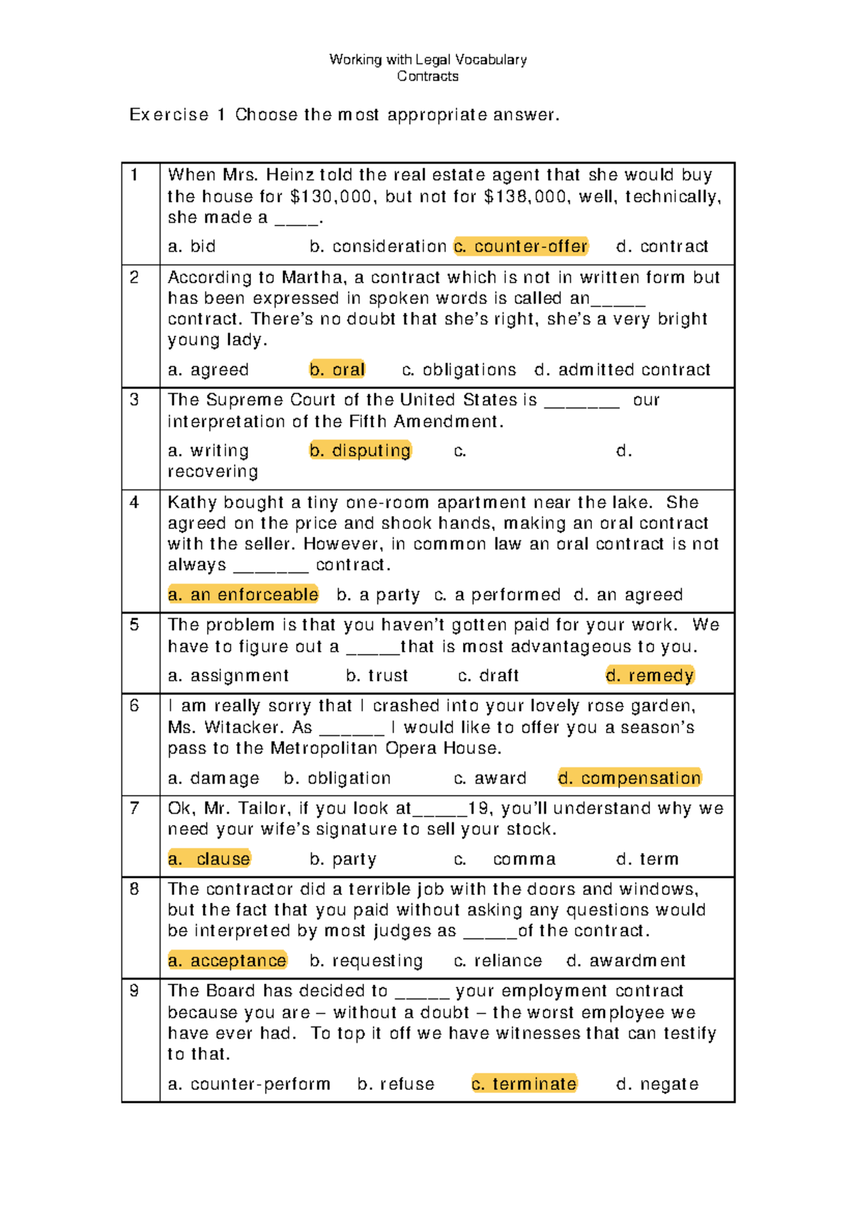 2-Contracts Worksheet - Contracts Ex e r cise 1 Choose t he m ost ...