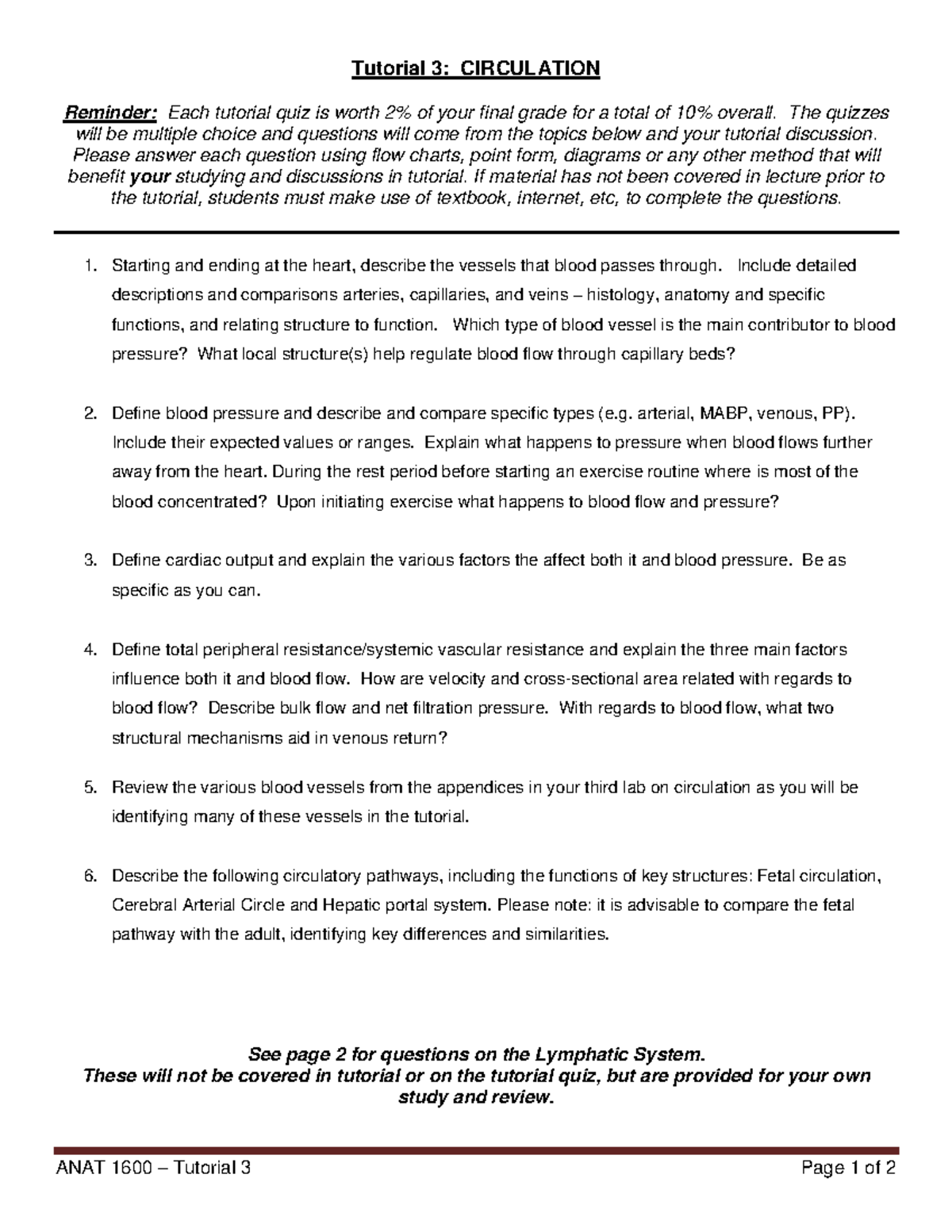 ANAT 1600 Tutorial 3 - Circulation - ANAT 1600 – Tutorial 3 Page 1 of 2 ...