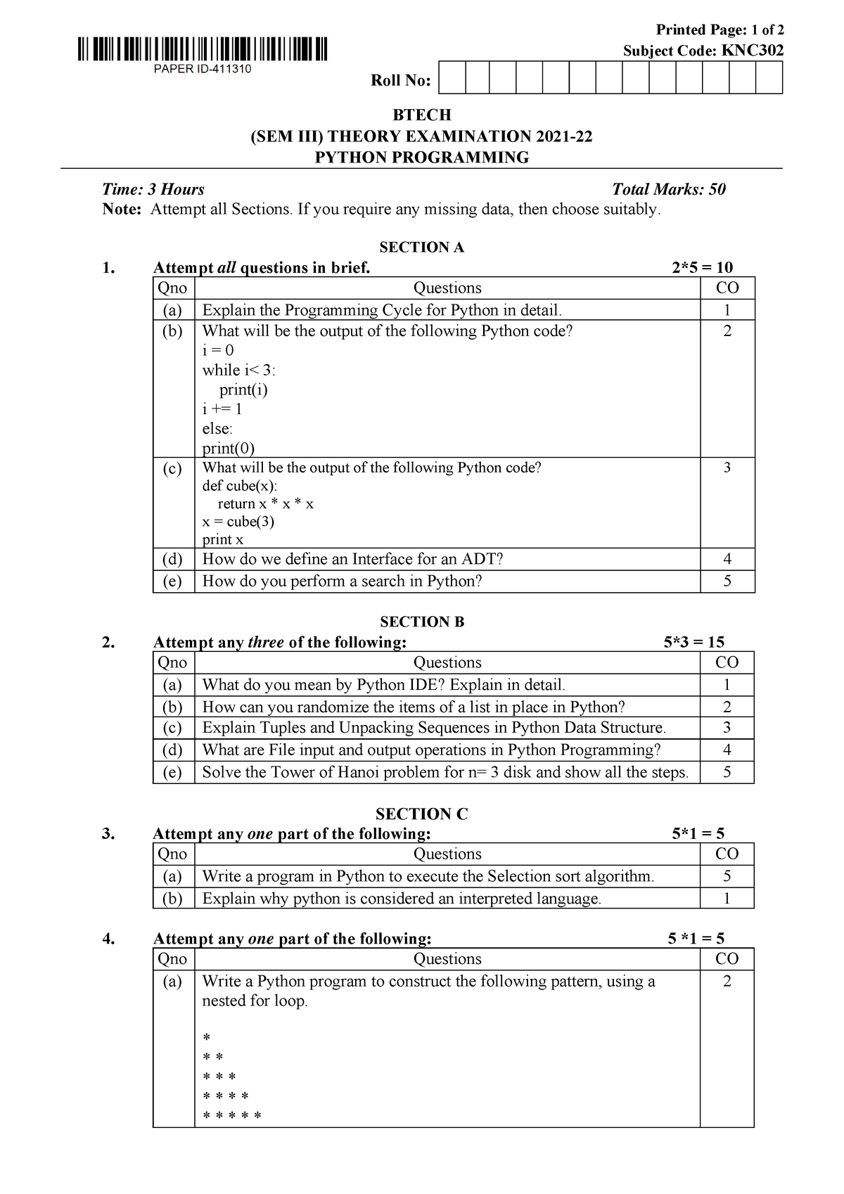 Btech nc 3 sem python programming knc302 2022 - BMG111 - Mandela - Studocu