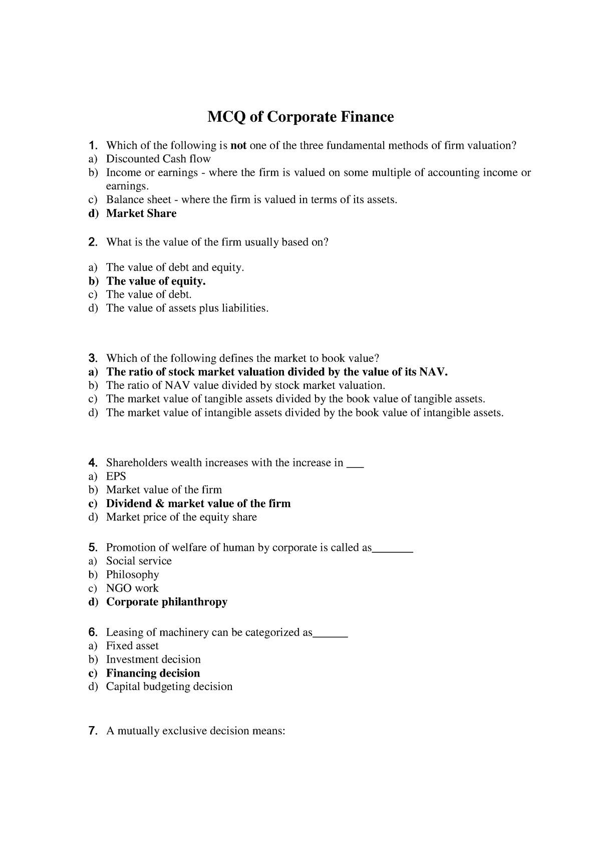 Multiple Choices Questions In Corporate Finance - MCQ Of Corporate ...