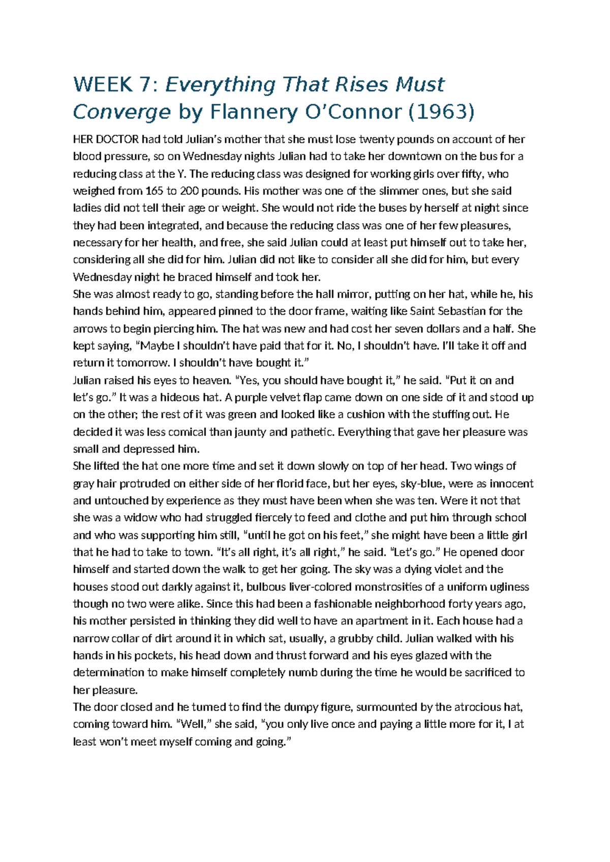 Everything That Rises Must Converge by Flannery O’Connor - The reducing ...