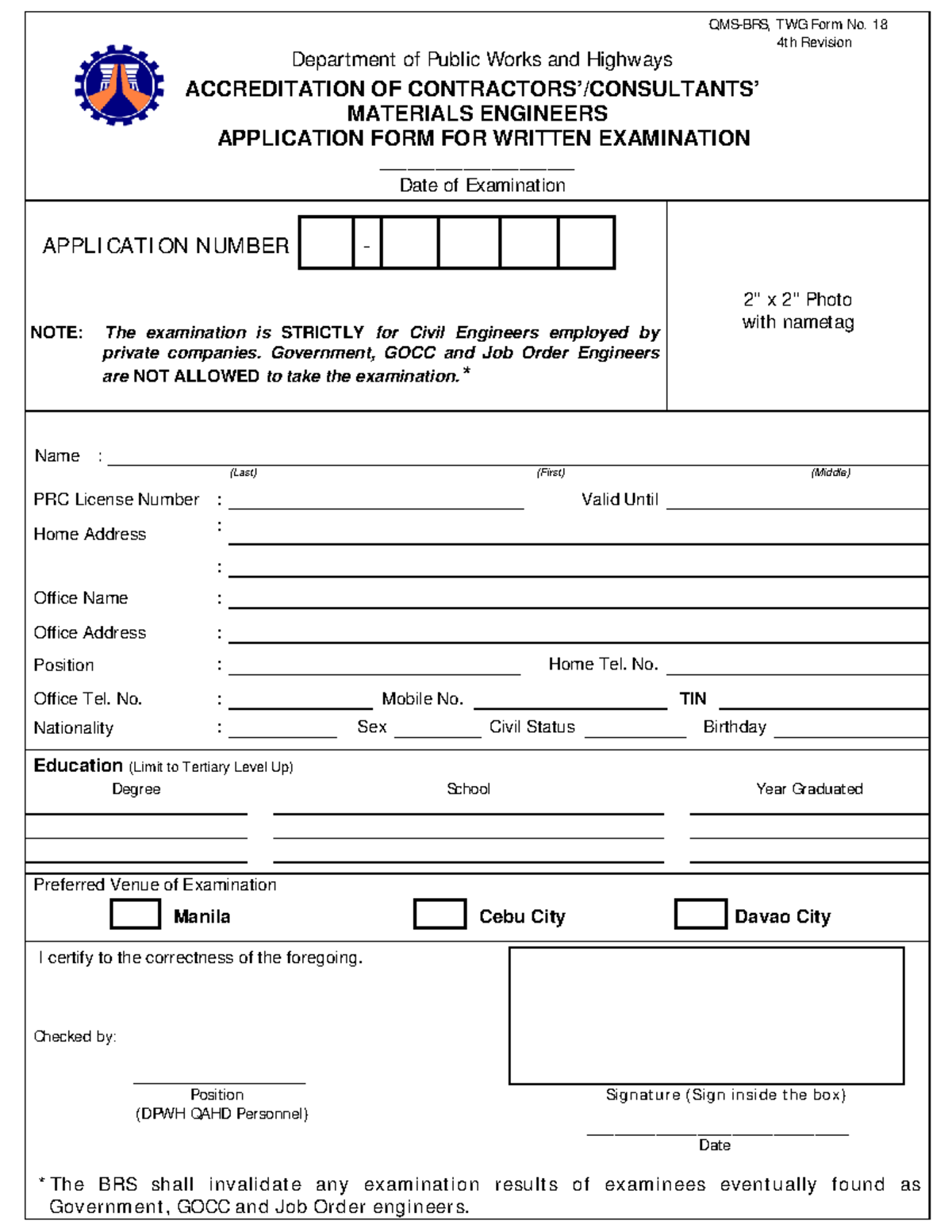 4TH Revised Application FORM FOR Contractors Consultants ACC EXAM Department of Public Works