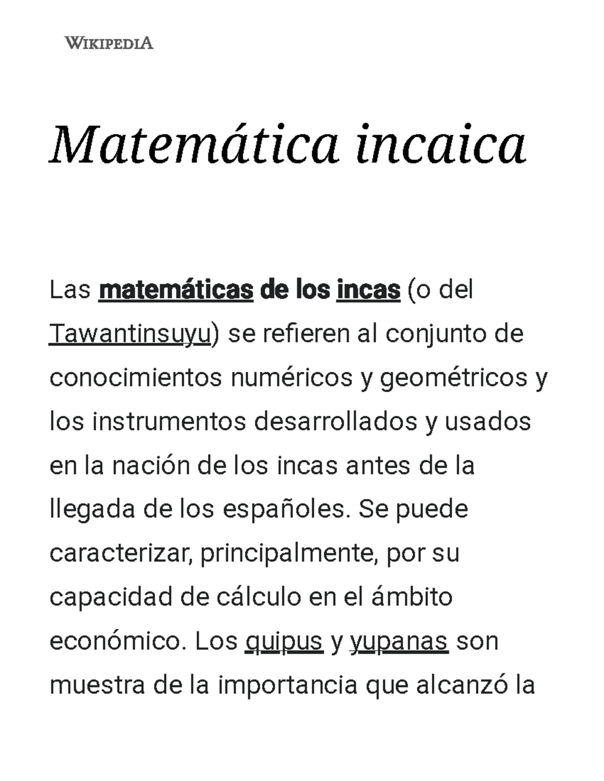 Test de valoración - Matemática incaica Las matemáti cas de los i ncas ...