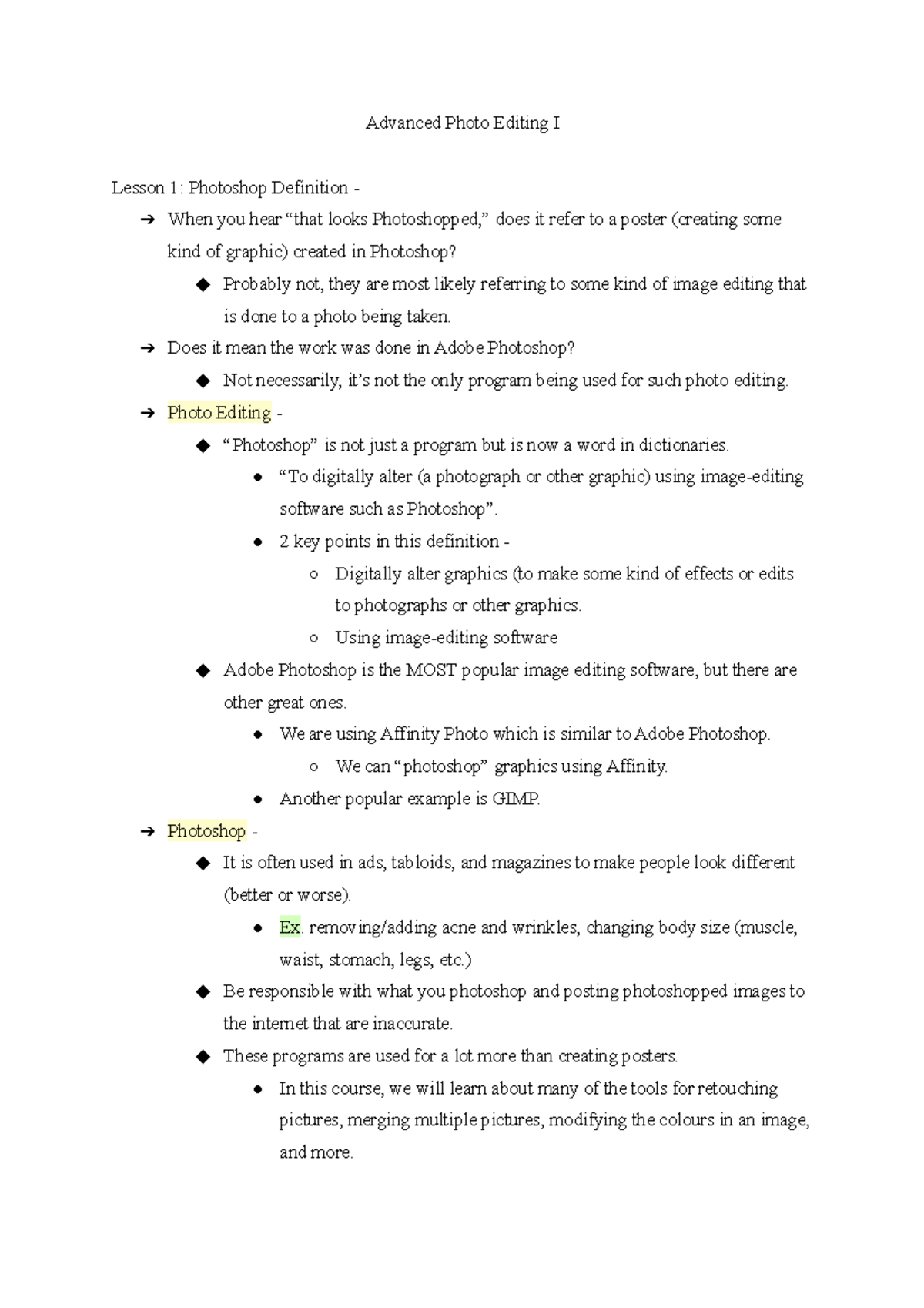 Advanced Photo Editing I (Module 1) Advanced Photo Editing I Lesson 1