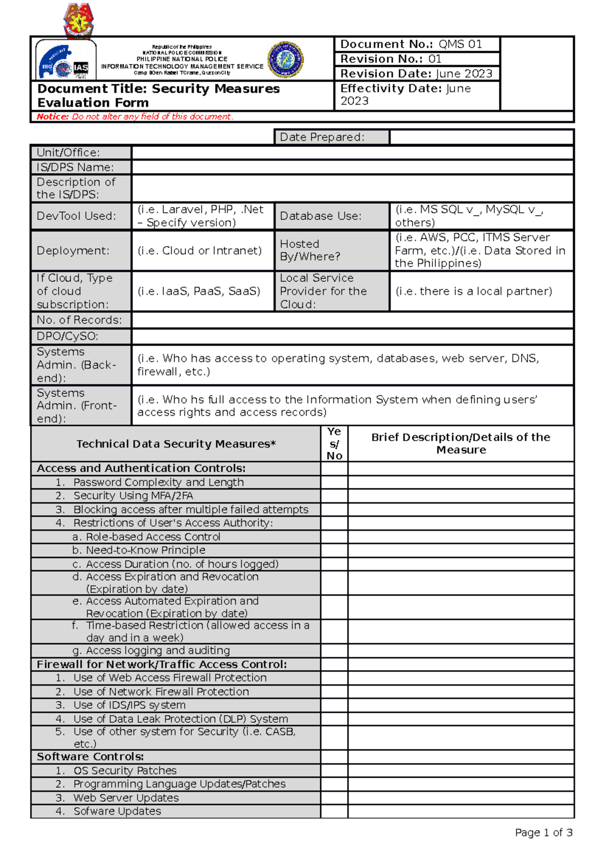 DPS Security Evaluation Form Document No. QMS 01 Revision No. 01