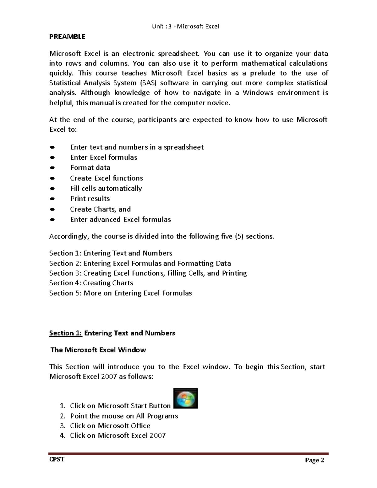 Unit 3 - Excel Notes - Microsoft Word Basics - PREAMBLE Microsoft Excel ...