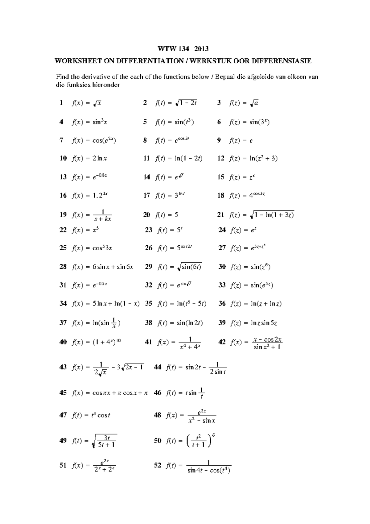 Worksheet on differentiation - WTW 134 2013 WORKSHEET ON ...