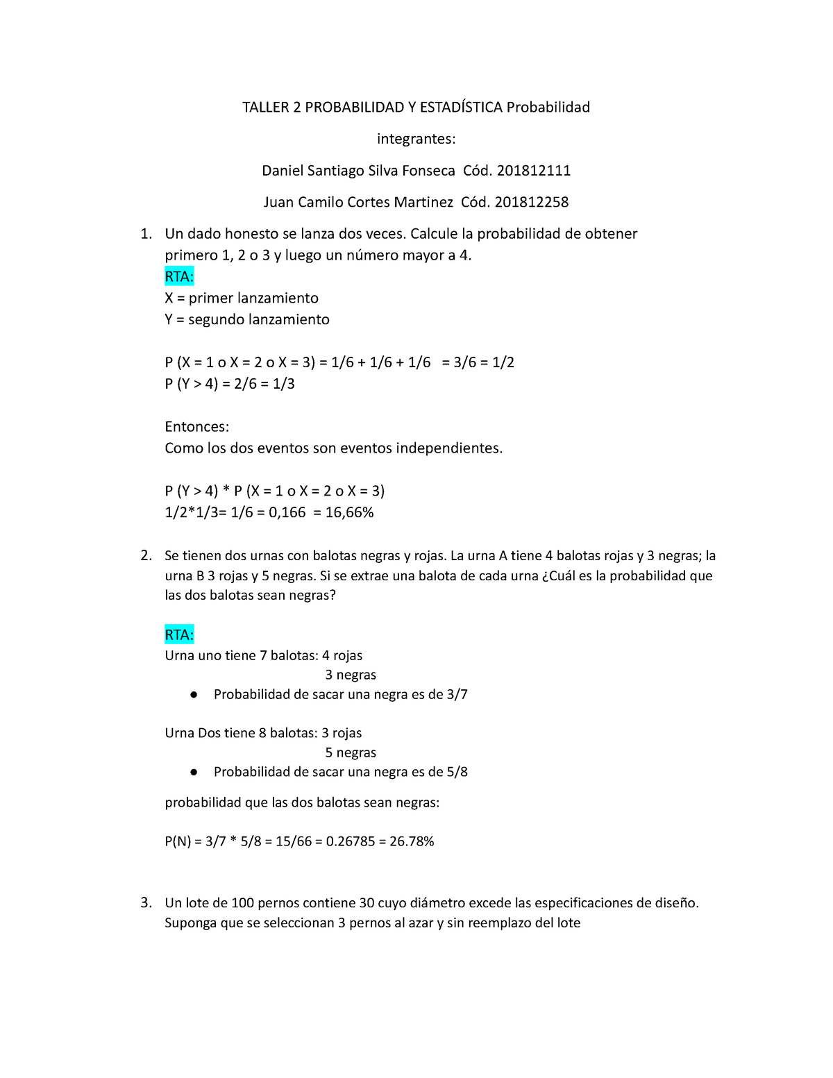 Taller 2 Probabilidad Y Estadística Probabilidad - TALLER 2 ...