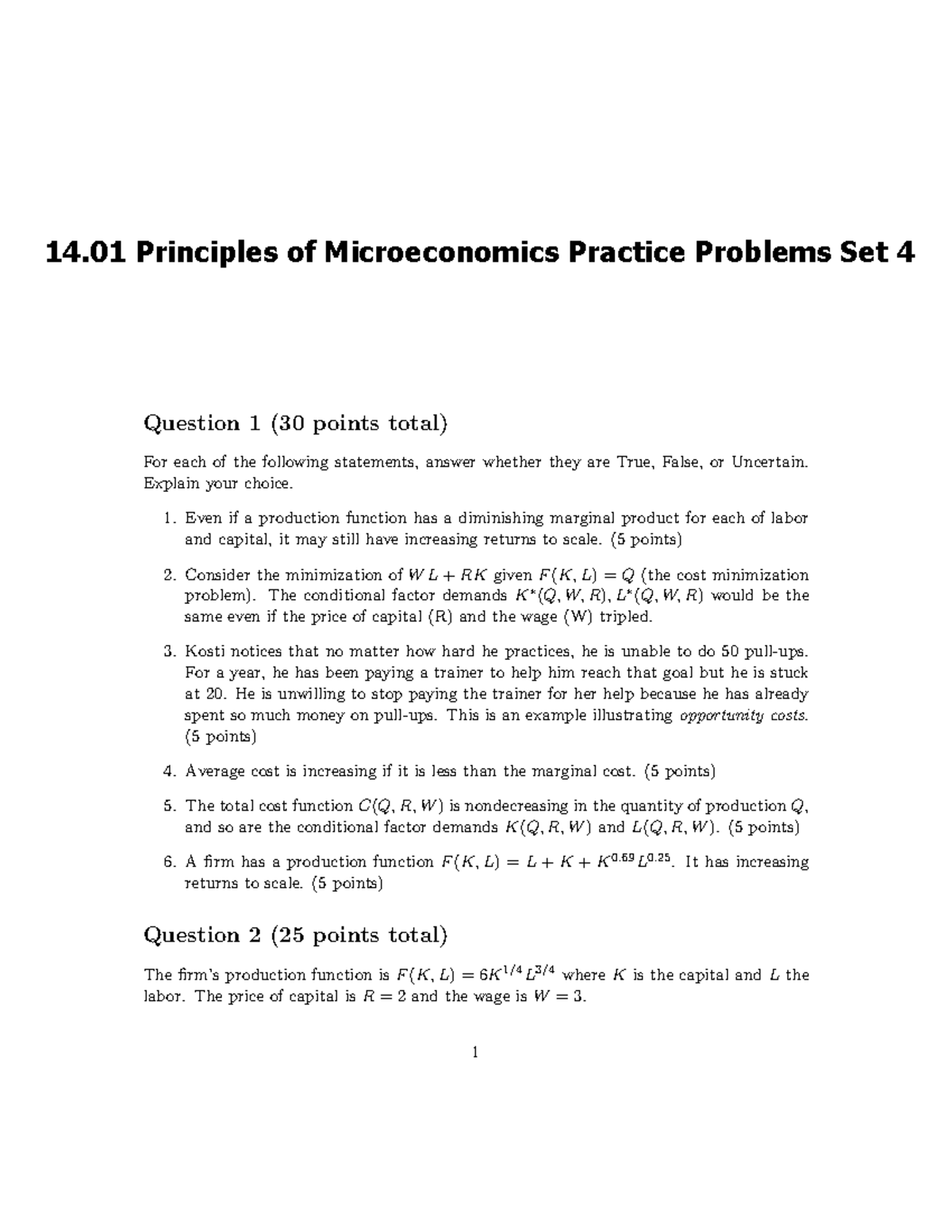 14.01 Principles Of Microeconomics Practice Problems Set 4 - 14 ...