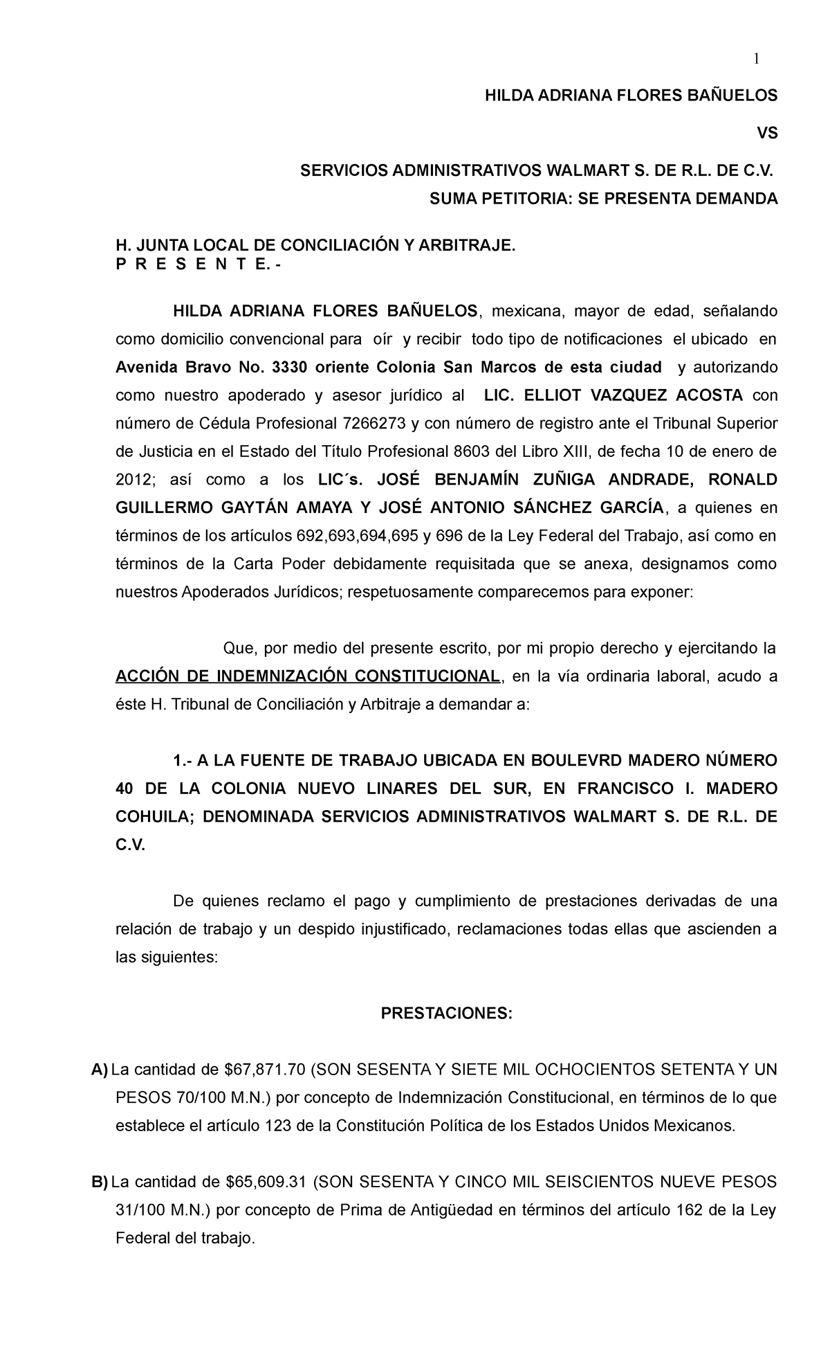 Demanda Reclamando LA Indemnizacion POR Despido Injustificado - HILDA ...