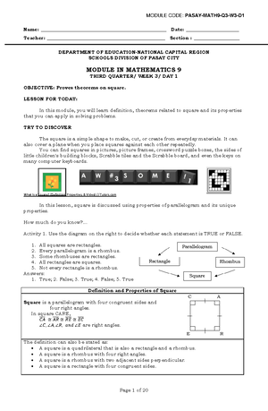3 Math 9 Q2 Week 7 - This is a lesson on Algebra - Name: - Studocu