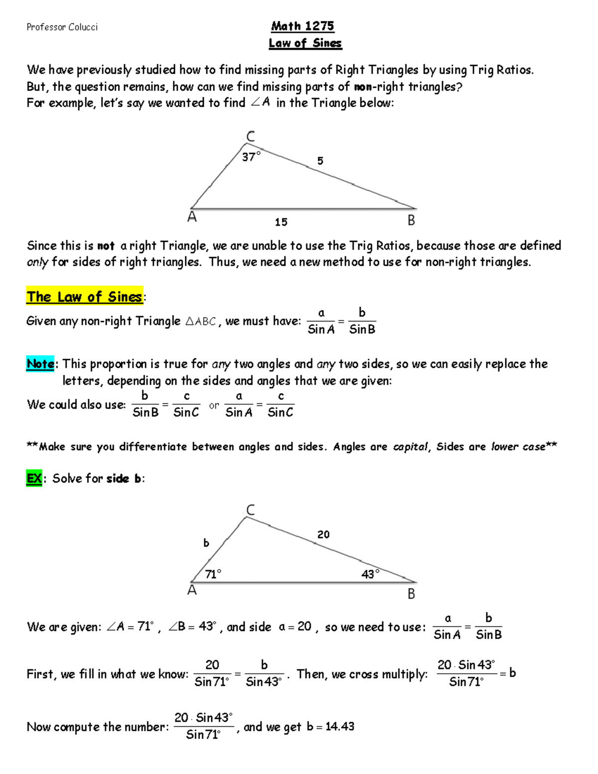 (Lesson29 (Law_Sines)) - Professor Colucci Math 1275 Law Of Sines We ...