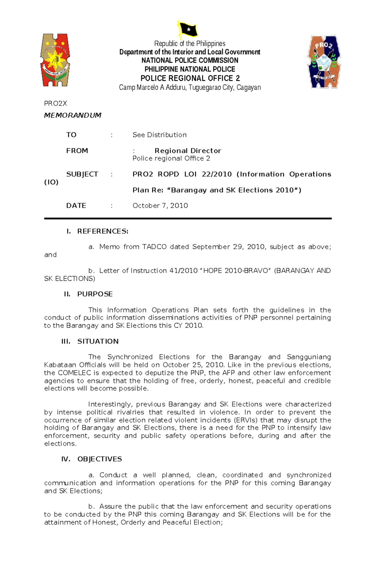 LOI Information Operations IO Plan re Barangay and SK Elections 2010 ...