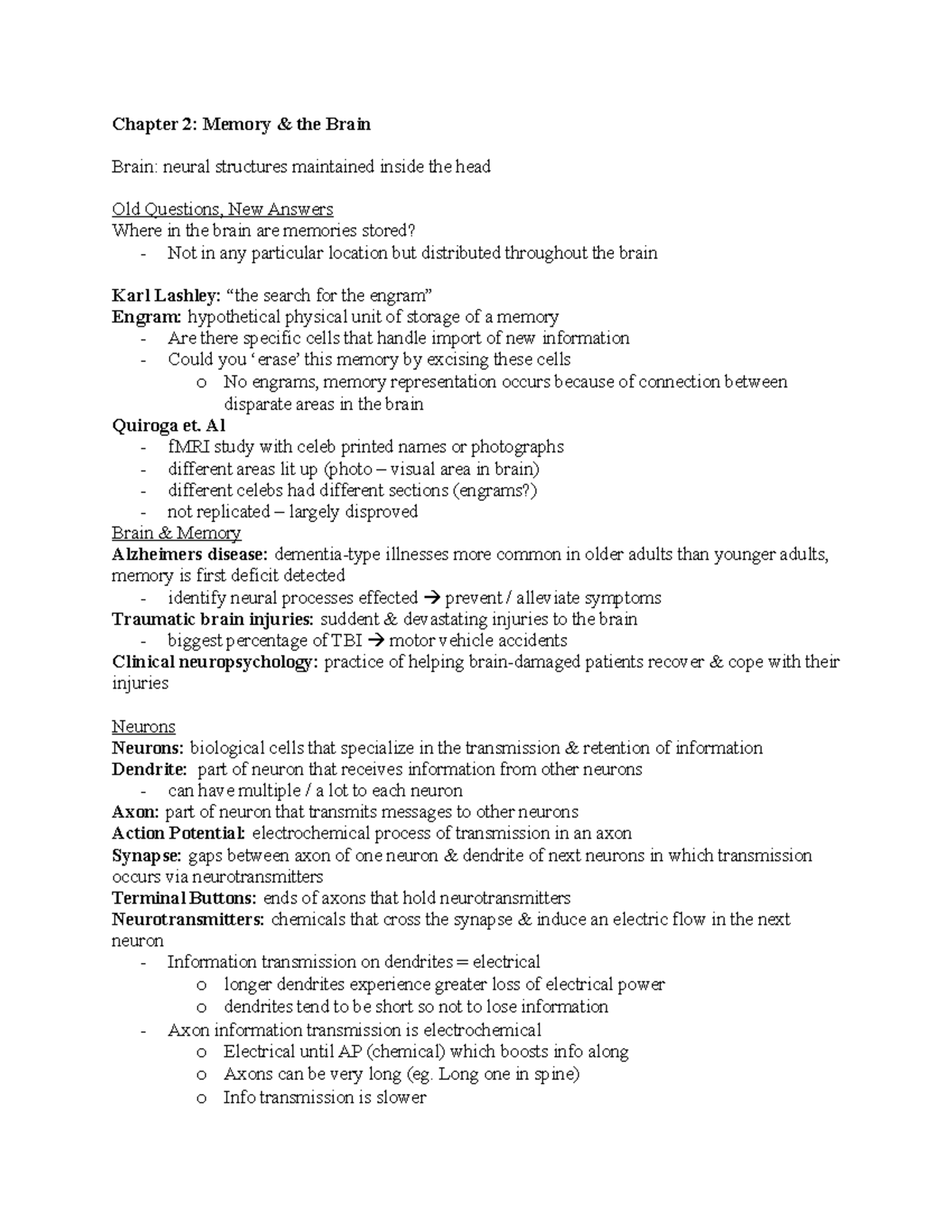 Chapter 2 - Memory & the Brain - Chapter 2: Memory & the Brain Brain ...