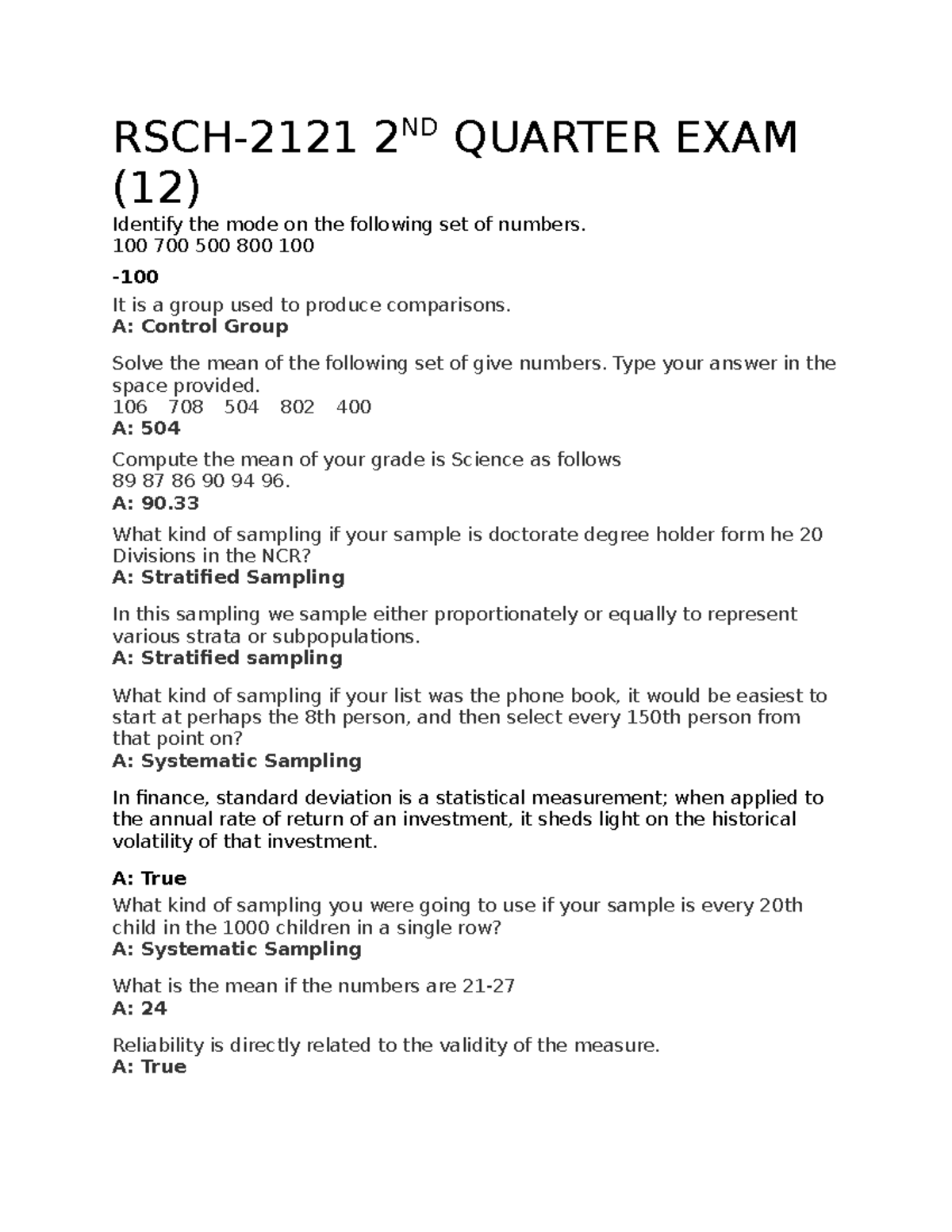 RSCH 2120 PR2 2ND Quarter EXAM(12) - RSCH-2121 2 ND QUARTER EXAM (12 ...