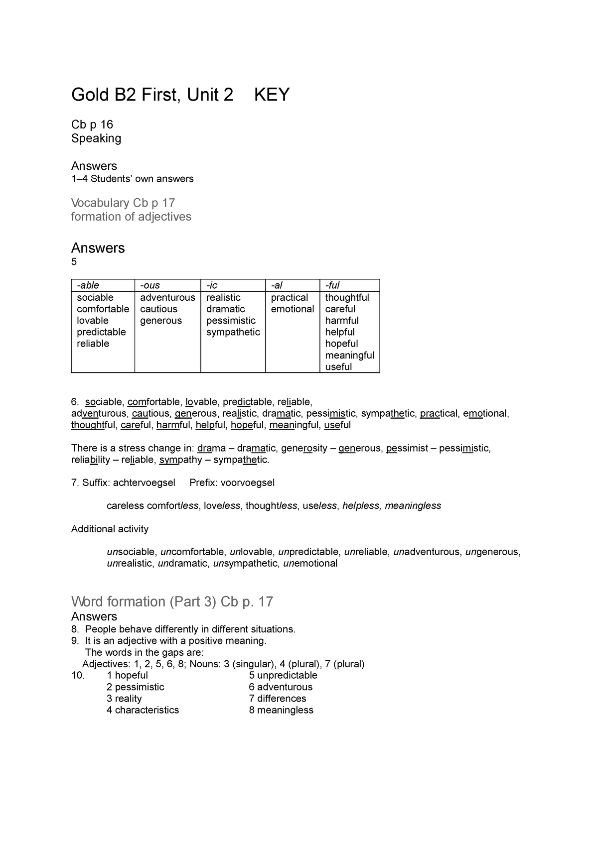 Gold B2 First Unit 2 Key 2 - Pdf - Gold B2 First, Unit 2 KEY Cb P 16 ...