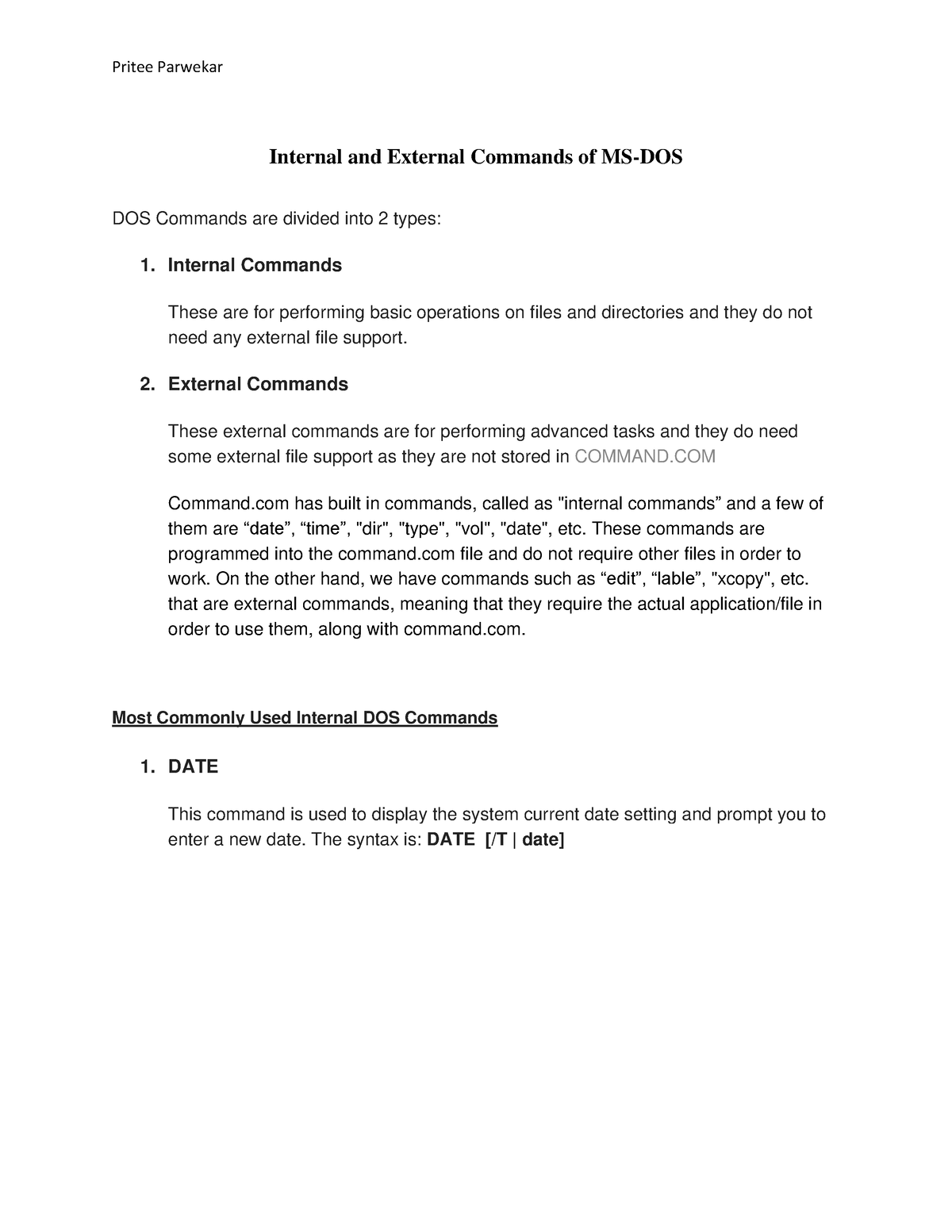 Dos Commands - Internal And External Commands Of Ms-dos Dos Commands 